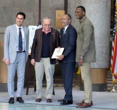 The Black history event on Feb. 22 was co-hosted by Council Member Christopher Marte (far left) and Assembly Member Charles D. Fall (far right). In the middle are Senator Charles Schumer and Battery Park City Authority member Tony Kendall, an honoree.