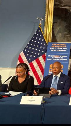 First deputy Mayor Sheena Wright (left) during the Sept. 3 media availability with Mayor Eric Adams at City Hall. The home she shares with Department of Education Chancellor David Banks on W. 143rd St. in Harlem was raided by law enforcement on Sept. 5.