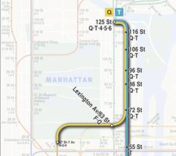 Map of the northern part of the Second Avenue Subway. The stations at 63rd, 72nd and 96th Streets exist. The others do not and now are being postponed yet again.