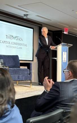 <b>Steve Swartz, CEO of media giant Hearst Corp., introduced Gov. Kathy Hochul to a Q&amp;A session in the Hearst Tower conducted by Dan Clark, political columnist for the Hearst-owned Albany Times Union</b>. Photo: Keith J. Kelly