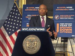 Mayor Eric Adams at his weekly press avail on Jan. 7, where he discussed the 2024 summary of the NYPD’s crime stats.