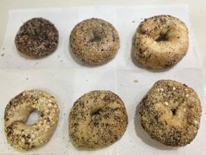 Six types of Everything Bagel. From the top, clockwise: PopUp, H&amp;H; Kossar’s; Zabar’s, Absolute and Wu and Nussbaum. .
