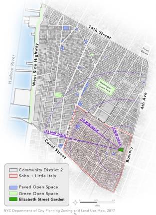 Elizabeth Street Garden’s map of nearby green space tellingly omits Sarah D. Roosevelt Park, three short blocks away, an omission that is reflected in both their press and legal statements.