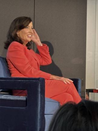 Gov. Kathy Hochul, during a Q&amp;A at the Hearst Tower in July. She’s dropping strong hits that congestion pricing toll with a lower charge and more exemptions, could make a comeback.