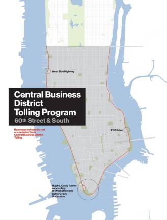 A map of New York’s congestion pricing plan. New Jersey has sued, claiming the project will merely divert pollution across the Hudson. The MTA said that the environmental impact of the plan across the entire region–including NJ–would be positive.