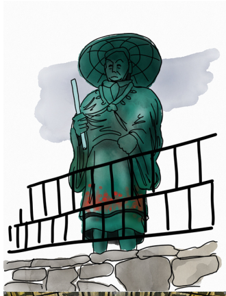 Artist’s illustration of the Shinran statue outside of the New York Buddhist Church, 331 Riverside Drive once stood in Hiroshoma where it survived the atom bomb that USA dropped on the city during WWII.