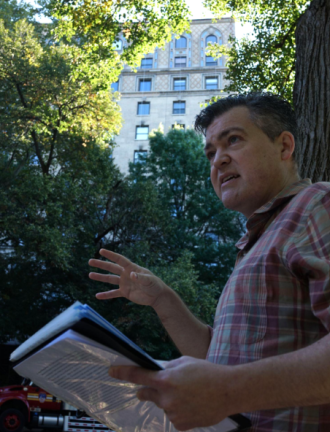 Author/ Artist Jesse Richards with his tour guide notes on the Upper West Side.