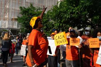 <b>Tenant advocate Develyn Williams leads a protest outside Hunter College ahead of a Rent Guidelines Board meeting, June 17, 2024.</b> Photo: Ella Napack/THE CITY