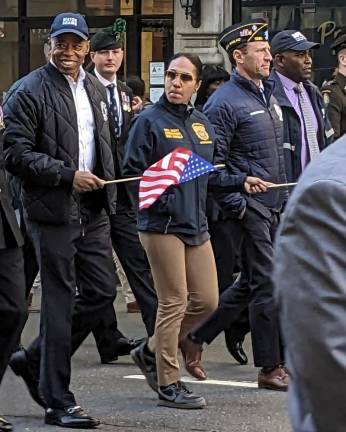 Mayor Eric Adams joined the line of march and seemed unbothered by the federal probe into his campaign fundraising which resutled in the FBI seizing his phone and iPad days earlier. Photo: Brian Berger