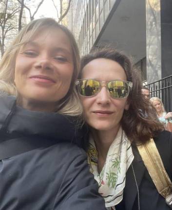 <b>Marie Pohl (right) who snagged a coveted seat inside the courtroom of the Donald Trump hush money trial in lower Manhattan, hangs out with Swedish journalist Emelie Svennson for the Swedish newspaper Aftenblad while waiting to get inside to cover the trial. </b>