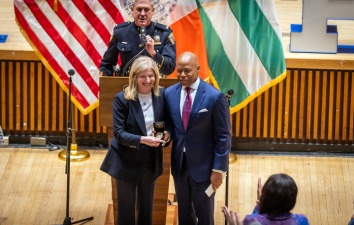 Eric Adams swears in Jessica Tisch as the new NYPD Commissioner in a ceremony at 1 Police Plaza on Nov. 25. Tisch is taking the shield number of her grandfather, a former NYPD chaplain.