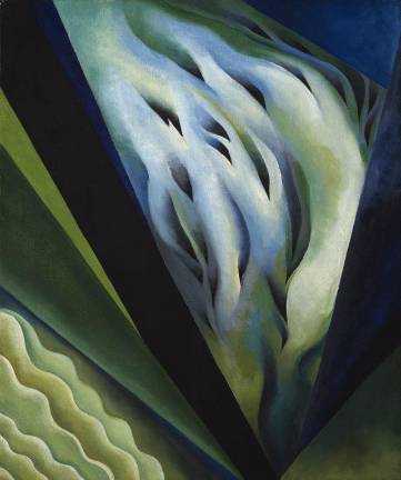 The painting, entitled Green and Blue Music, an example of O’Keefe’s abstract style, hangs in the Art Institute of Chicago.