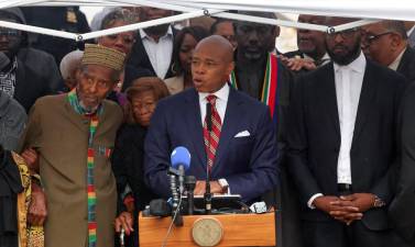 Eric Adams with religious leaders at Gracie Mansion press conference following the unsealing of the five count federal corruption indictment that was unsealed on Sept. 26.