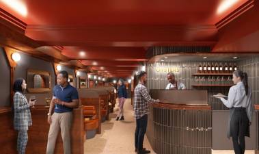 Artists rendering of a new Tracks Raw Bar looking from the bar area into the dining area. Tracks plans to return to its underground roots in the LIRR Concourse level inside Penn Station by year end.