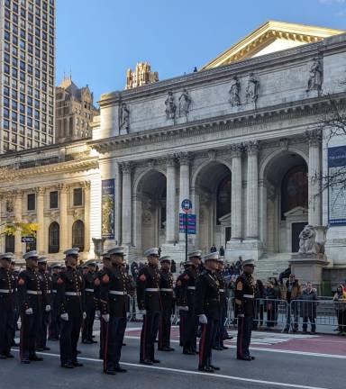 Marchers went silent at 11 am to commerate the moment on Nov. 11, 1918 when the Armistice ending WWI went into effect. Photo: Brian Berger