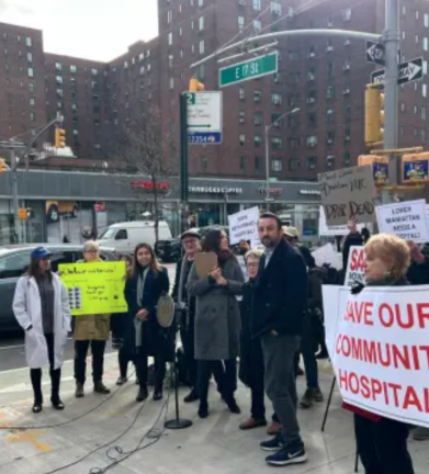 Politicians, including City Councilmembers Keith Powers &amp; Carlina Rivera, rallying outside Beth Israel after Mt. Sinai first announced that it would pursue its closure in 2023.