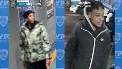 Suspected robbers as seen on Feb. 10, at the start of a crime spree that has targeted pedestrians in downtown Manhattan five times. Man on left appears older, man on right, aboard the Staten Island Ferry, looks younger.