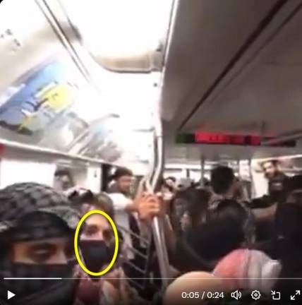 #StillMasking for Palestine: Many protestors hid their identity on this subway car, June 10, 2024. Straus News highlighting.