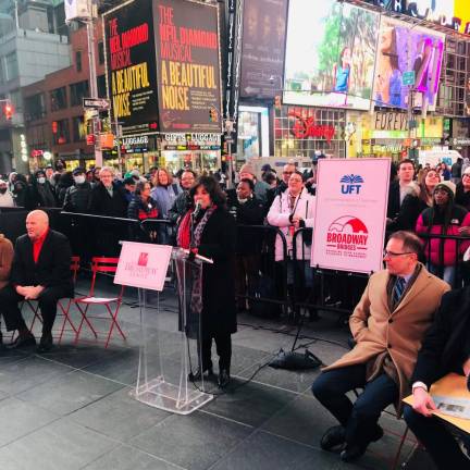 Charlotte St. Martin, who is exiting as president of the Broadway League, addresses crowd in Times Square at the November kickoff of the Broadway Bridges program. One of her last official acts before she departs on Feb. 16 will be the return of Kids Night on Broadway. Photo: Keith J. Kelly