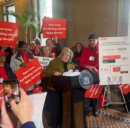 UES Assembly Member Rebecca Seawright attending a Feb. 11 rally in support of the “Age Strong NYS” campaign, which seeks to raise $123 million to serve New York’s senior citizens.