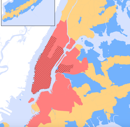 A map of where, under the City of Yes housing package, parking mandates will either be eliminated or kept as is. “Red” zones will involve elimination, yellow ones will see a 50 percent reduction, and blue ones will keep them.