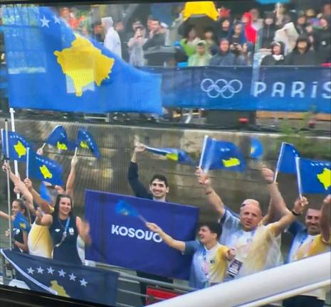 <b>Adell Sabovic, 22, at the Opening Ceremony of the 2024 Paris Olympic Games representing his family’s home country of Kosovo in the 100-meter freestyle. </b>