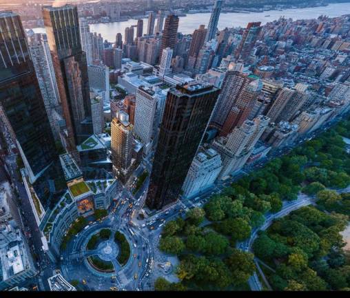 An aerial photo of the Anagram Building at Columbus Circle.