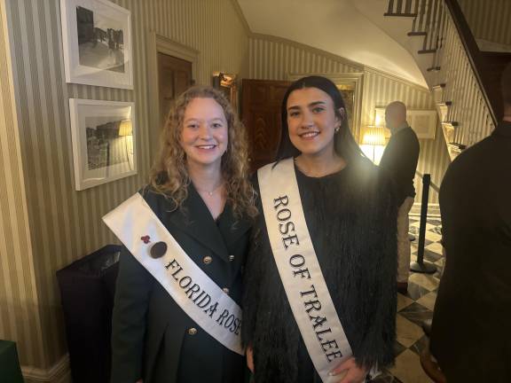 The winner of the Rose of Tralee Keely O’Grady (right) was paling around with Maureen Ronan, the winner of the Florida contest. O’Grady, who hails from New Zealand, said a total of 50 of the winners of the annual worldwide talent contest held in Tralee, Ireland, last August, were marching in the New York parade this year.