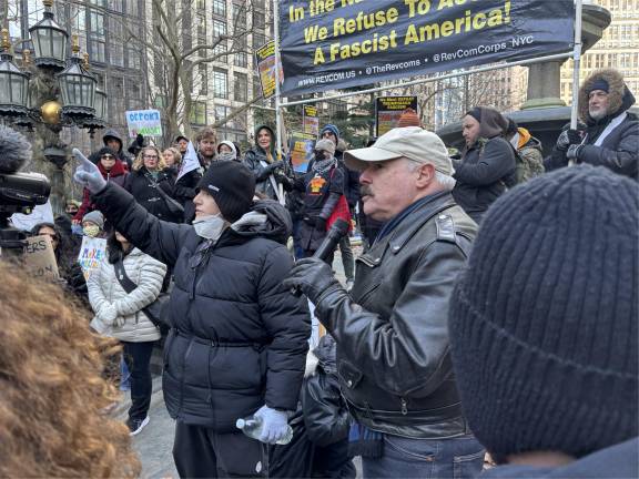 There were threads from many different protest movements. Lee Anne G-Browley (with upraised arm) exhorted people to resist Immigration and Customs Enforcement (ICE), and Elliot J. Cohen, a longtime activist from the ’60s and ’70s, said the anti-Trump protests will involve a “long fight.”