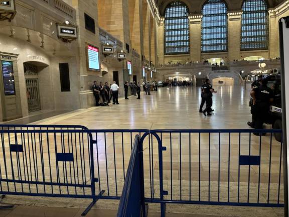 The concourse at Grand Central which is normally packed with rush hour commuters was empty on July 18 as police shut it down due to a pro-Palestinian protest outside the terminal. But people were directed to ways to snake through tunnels to reach their trains. The small group of protestors wandered off. Photo: Keith J. Kelly