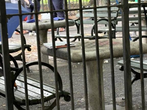 Blood can be seen on a chess table near the E. 7th St. side of Tompkins Sq. Park where a double shooting on July 12 left one dead and another wounded. Photo: Keith J. Kelly