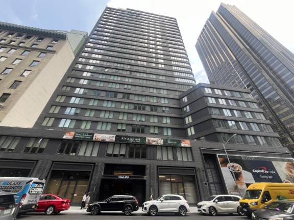 One of the balconies of the Anagram Columbus Circle, located just above the building’s entrance. The unidentified 84 year old who plunged to his death, landed on a third-floor balcony, cops said.