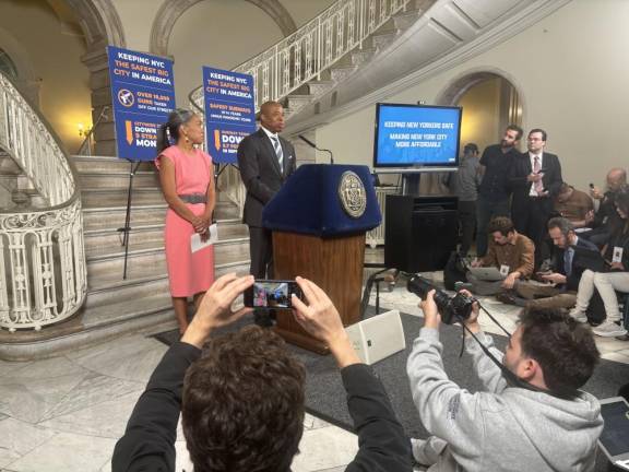 Mayor Eric Adams introduces Maria Torres-Springer as his new first deputy mayor, replacing Sheena Wright who resigned. But she took no questions and the press corps quickly turned to pressing him on the staff turmoil and federal corruption probes.