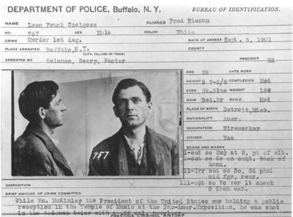 Mugshots and arrest card for Leon Czolgosz