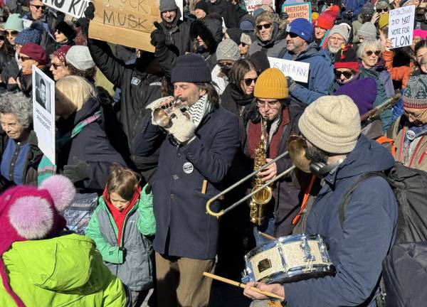 Musicians in Union Square provide music and a marching beat for the protestors in New York City, part of the larger #50501 and #BuildTheResistance movements protesting throughout the country.