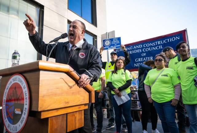 Gary LaBarbera, the President of the Building and Construction Trades Council, rallying in favor of Related’s $12 billion Hudson Yards casino bid on Oct. 23. He has citied estimates that it will create up to 35,000 union construction jobs and 5,000 permanent union careers.