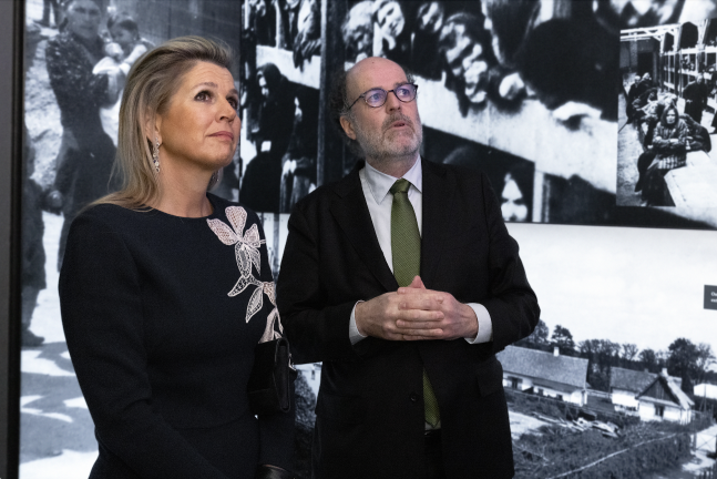 Queen Máxima of the Netherlands tours the Anne Frank exhibition at the Center for Jewish History in Union Square, led by Ronald Leopold, executive director of the Anne Frank House.