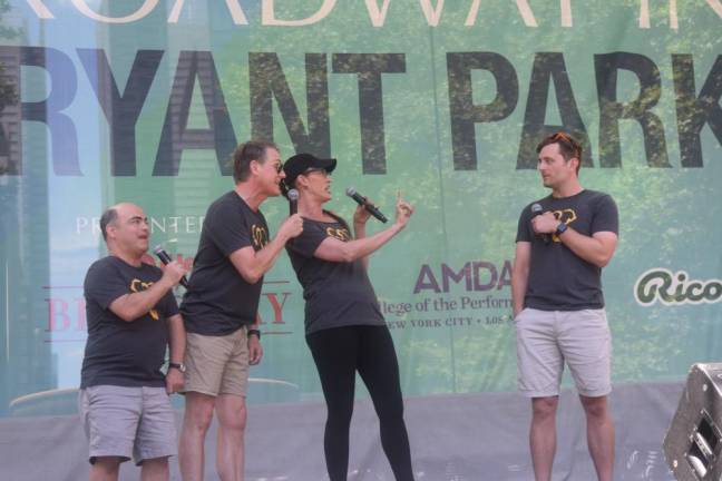 Joe De Paul, Asa Somers, Sara Gettelfinger, and Ken Wulf Clark performed “Squeaky Wheel” from “Water for Elephants” at 2024’s first Broadway in Bryant Park concert. (click arrows to see more)