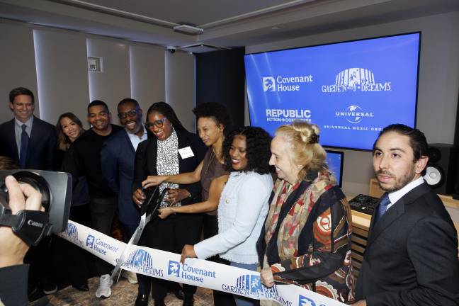 Covenant House’s music studio has been revamped with a $200,000 grant from the MSG-affiliated Garden of Dreams Foundation. Notable guests at a ribbon-cutting included City Council Members Erik Bottcher (far left) and Gale Brewer (second from right).