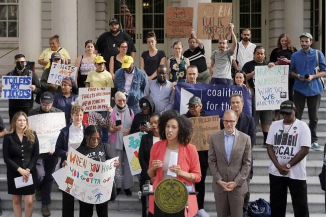 Council Member Sandy Nurse and public bathroom advocates, including BP Mark Levine, rally at City Hall, September 19, 2024.