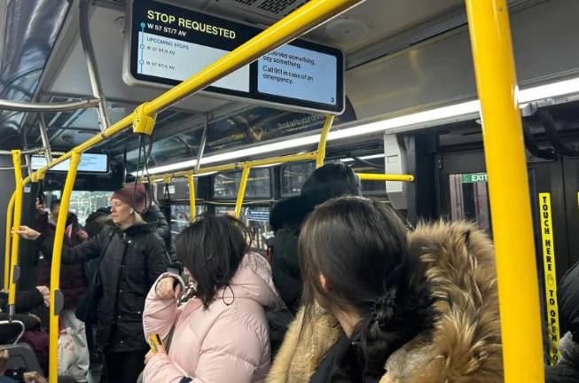 Riders pack a crosstown M57 bus, Feb. 20, 2025.