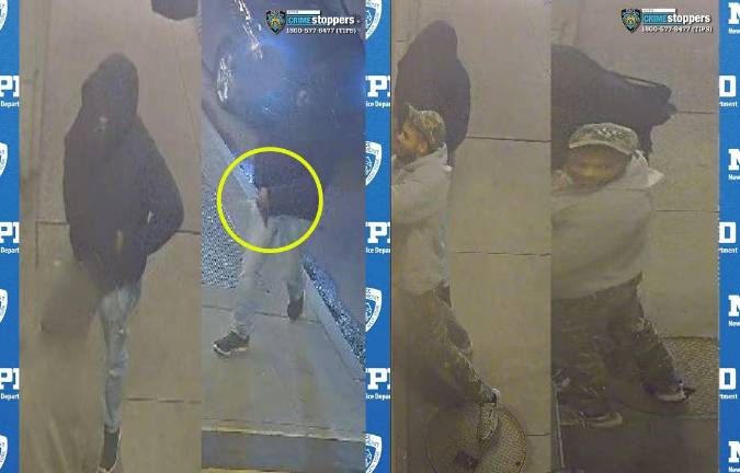 Suspects in the Feb. 15 armed robbery at Park Avenue and East 60th Street. Yellow circle highlights a gun.