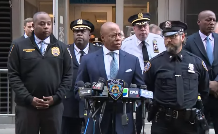 NYC Mayor Eric Adams at a press conference following three fatal stabbings in Manhattan on Nov. 18. A 51 year-old homeless man, Ramon Rivera, has been indicted by the D.A. in connection with the deaths.