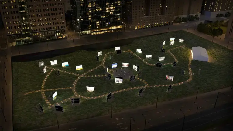 An artist’s rendering of the upcoming <i>Path of Liberty</i> exhibit in Manhattan’s Freedom Plaza. The exhibit will be an interactive, multimedia display highlighting American ideals, along with the challenges, and successes of democracy.