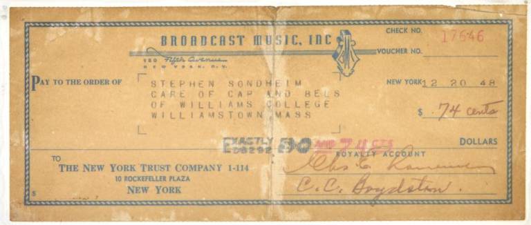 Stephen Sondheim’s first royalty check for... 74 cents, issued December 20, 1948.