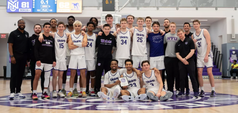 The NYU men’s basketball team at the end of last year, when they were 10-0. As of press time, they’ve improved to a relentless 17-1, under the stewardship of coach Mike Walsh (second from back right).