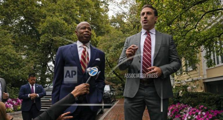 Eric Adams (left) with his attorney Alex Spiro, answering questions about the federal five count criminal indictment unsealed against him on Sept. 26 as they exit the mayor’s residence at Gracie Mansion.