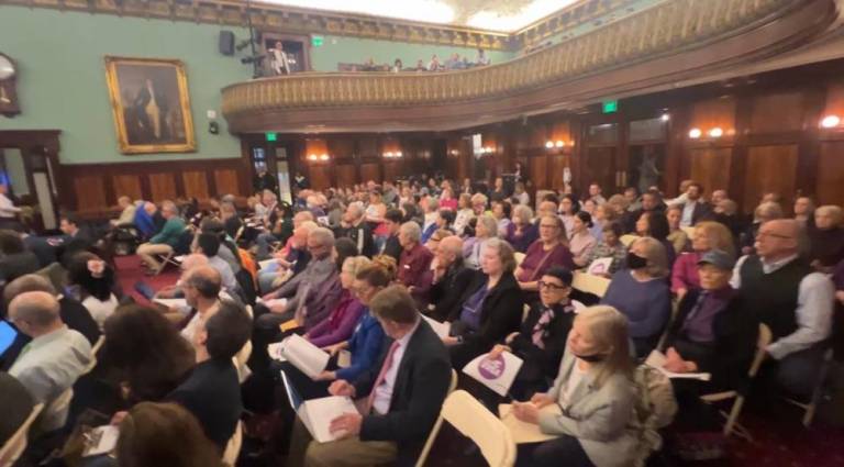 People attending a City Council committee meeting on Priscilla’s Law, which would require the DMV to establish licensing and registration for e-bikes and other mopeds.