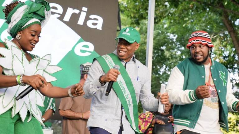 Mayor Eric Adams delivers remarks at the Nigerian Independence Day Parade. Madison Avenue and 24th Street. Saturday October 5, 2024.