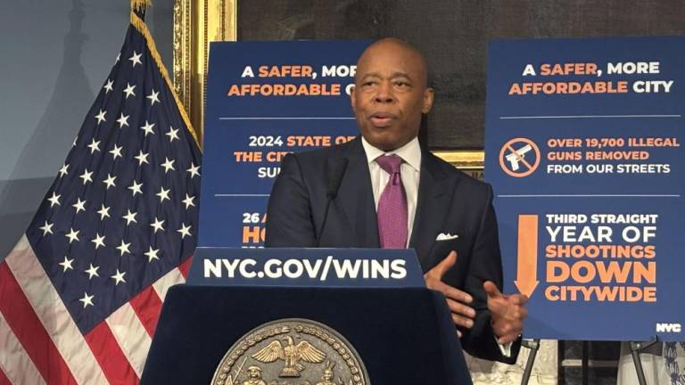 Mayor Eric Adams at his weekly press avail on Jan. 7, where he discussed the 2024 summary of the NYPD’s crime stats.